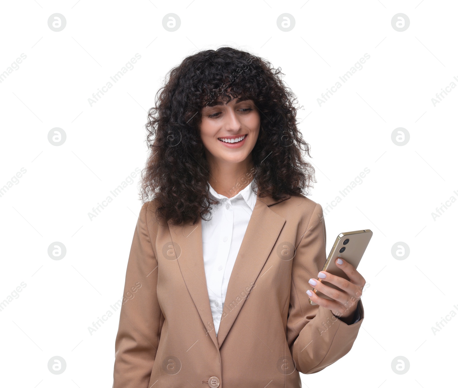 Photo of Happy woman sending message via smartphone isolated on white