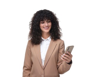 Photo of Happy woman sending message via smartphone isolated on white