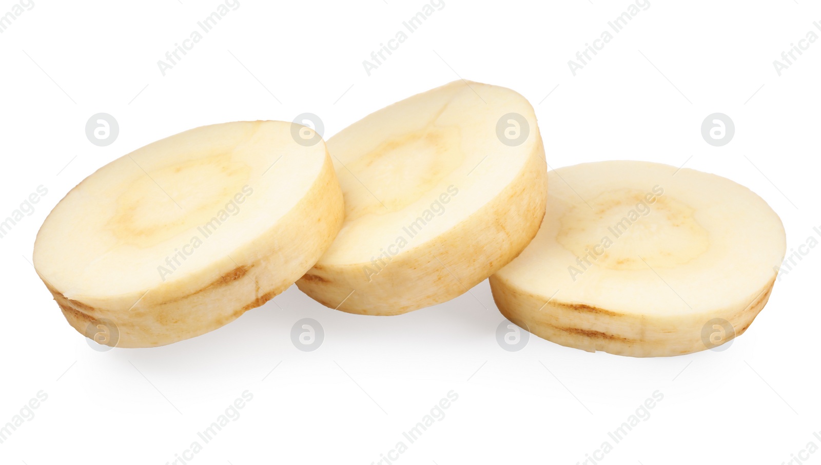 Photo of Tasty cut fresh ripe parsnip on white background