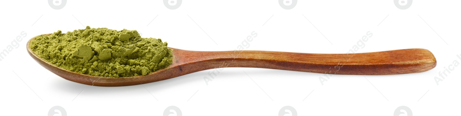 Photo of Henna powder in wooden spoon isolated on white