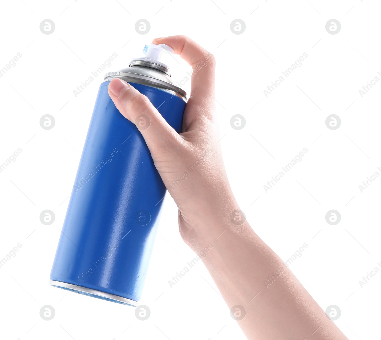 Photo of Man with can of spray paint on white background, closeup