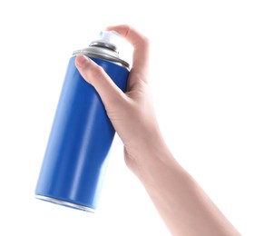 Photo of Man with can of spray paint on white background, closeup