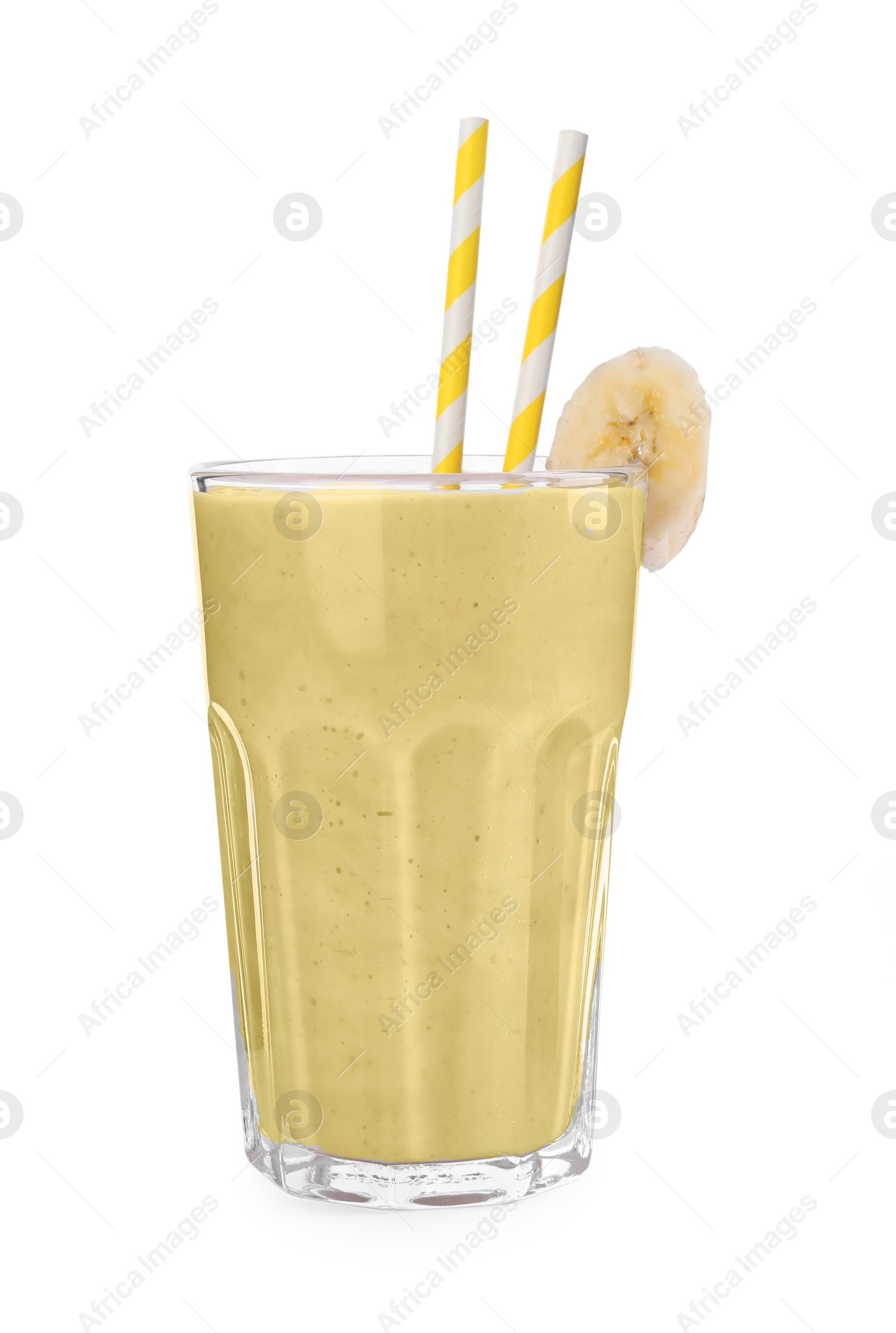 Photo of Glass with banana smoothie on white background