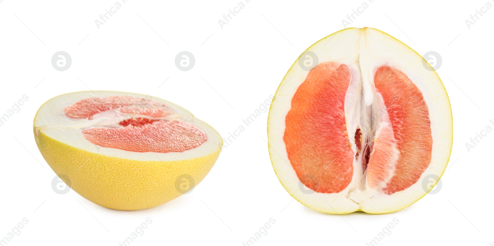 Image of FResh exotic pomelo fruit on white background, closeup. Banner design