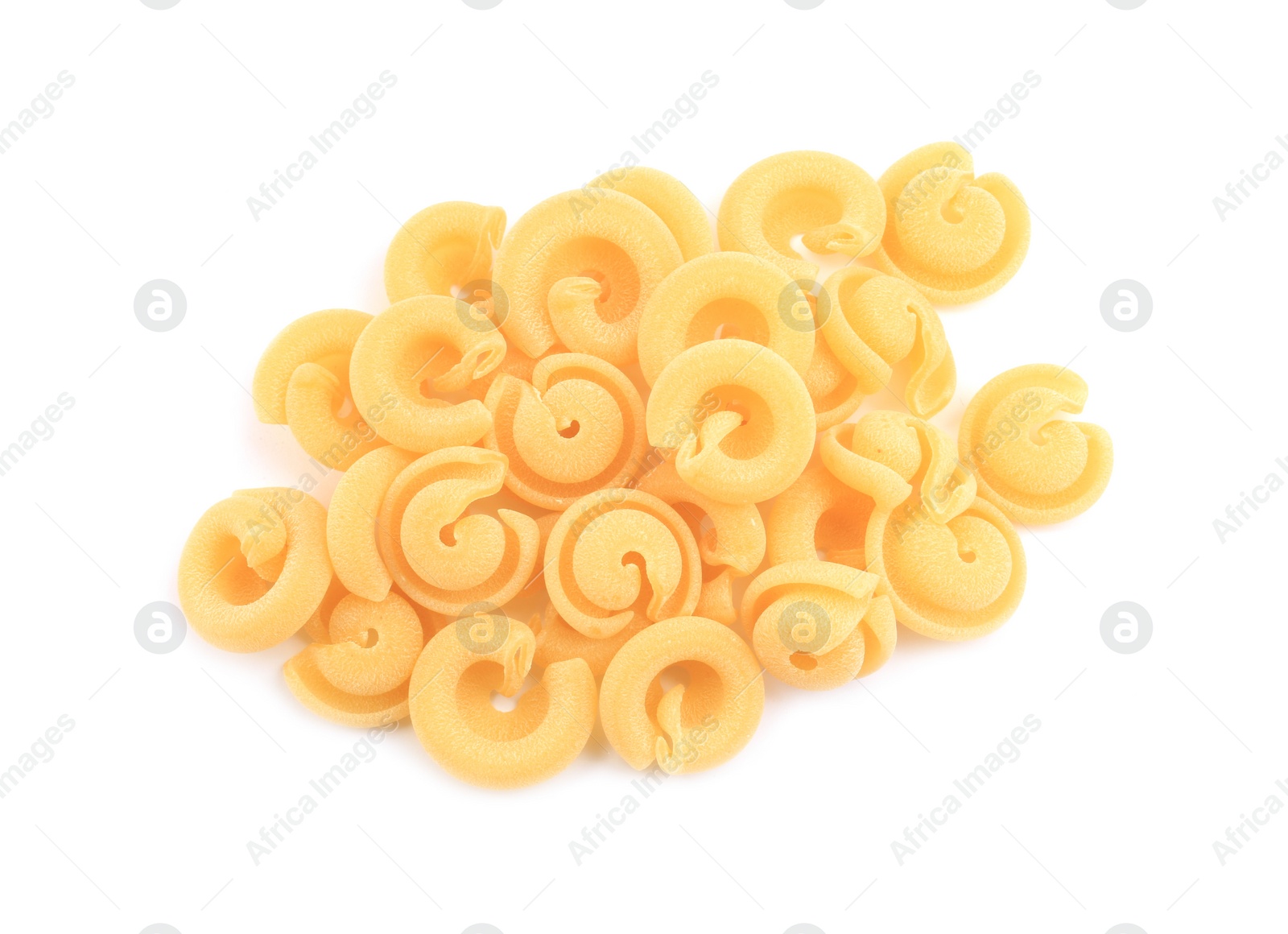 Photo of Pile of raw dischi volanti pasta isolated on white, top view