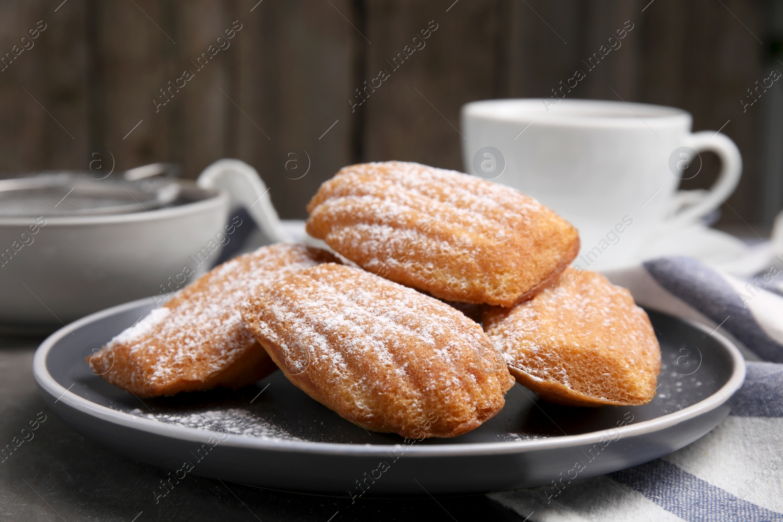 Photo of Delicious madeleine cakes with powdered sugar on table, closeup