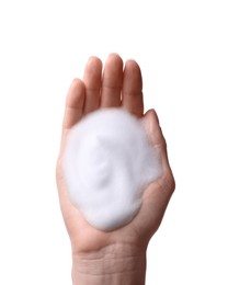 Photo of Woman with bath foam on white background, closeup