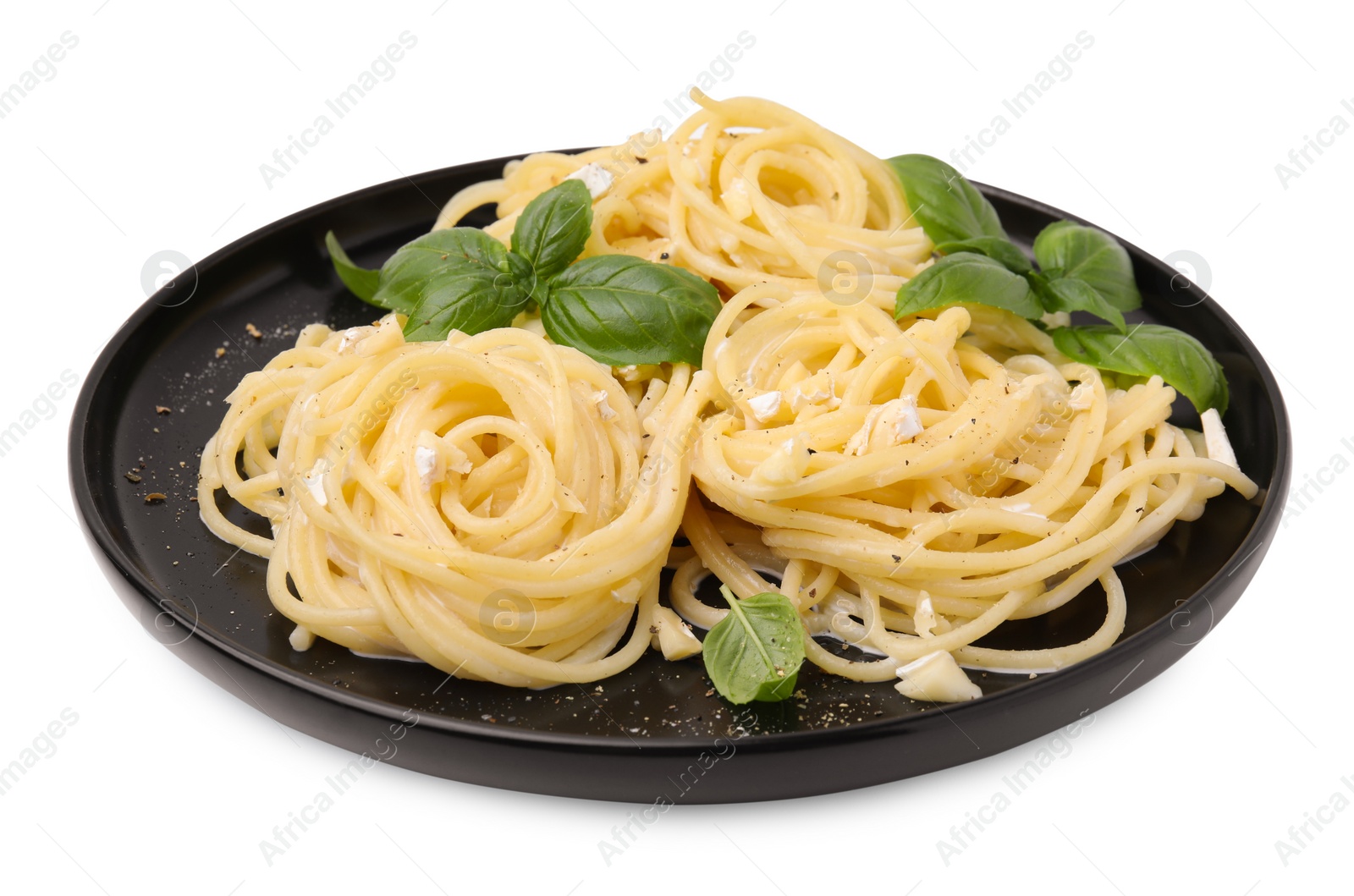 Photo of Delicious pasta with brie cheese and basil leaves on white background