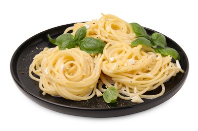 Delicious pasta with brie cheese and basil leaves on white background