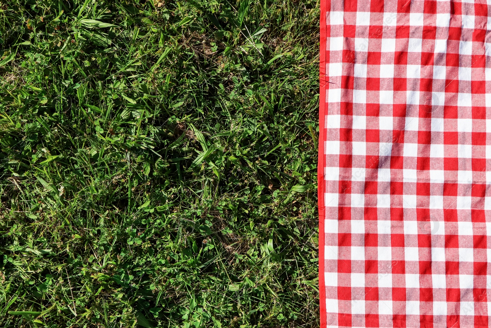 Photo of Checkered picnic tablecloth on fresh green grass, top view. Space for text