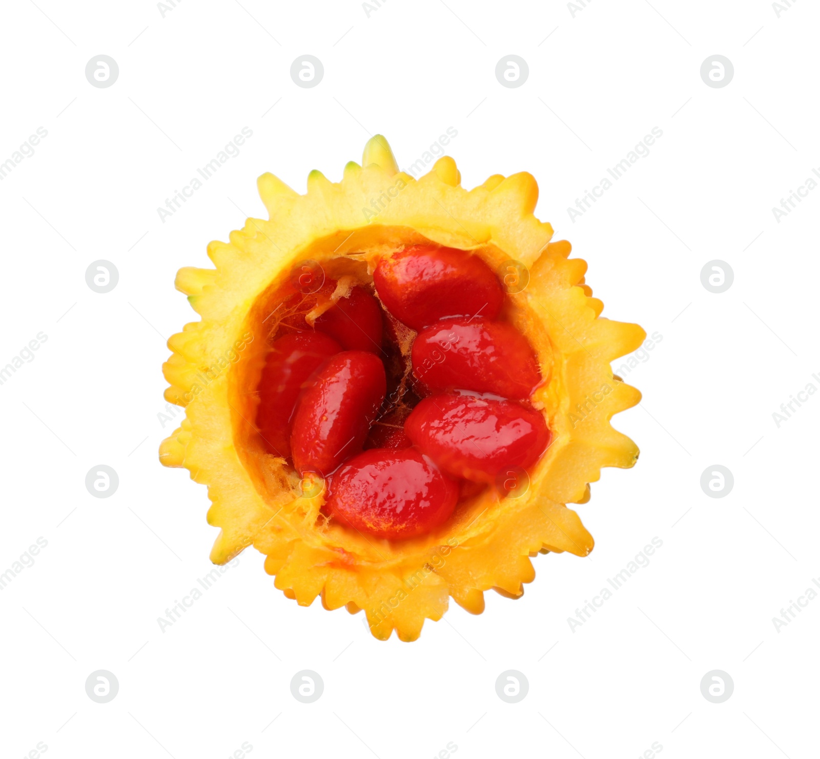 Photo of Cut fresh ripe bitter melons on white background, closeup