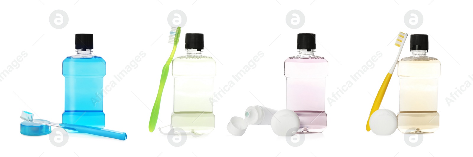 Image of Set with bottles of mouthwash and other items for teeth care on white background. Banner design