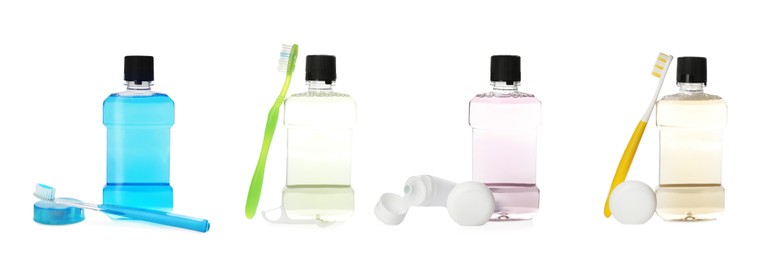 Set with bottles of mouthwash and other items for teeth care on white background. Banner design