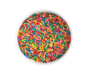 Photo of Colorful sprinkles in bowl on white background, top view. Confectionery decor