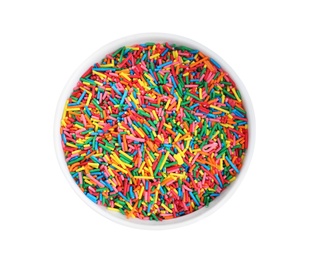 Colorful sprinkles in bowl on white background, top view. Confectionery decor