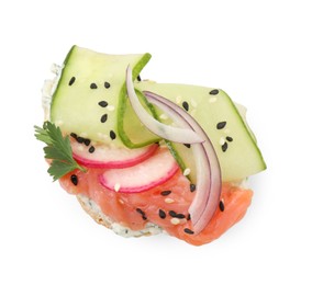 Photo of Tasty canape with salmon, cucumber, radish and cream cheese isolated on white, top view