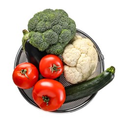 Photo of Colander with fresh vegetables isolated on white, top view