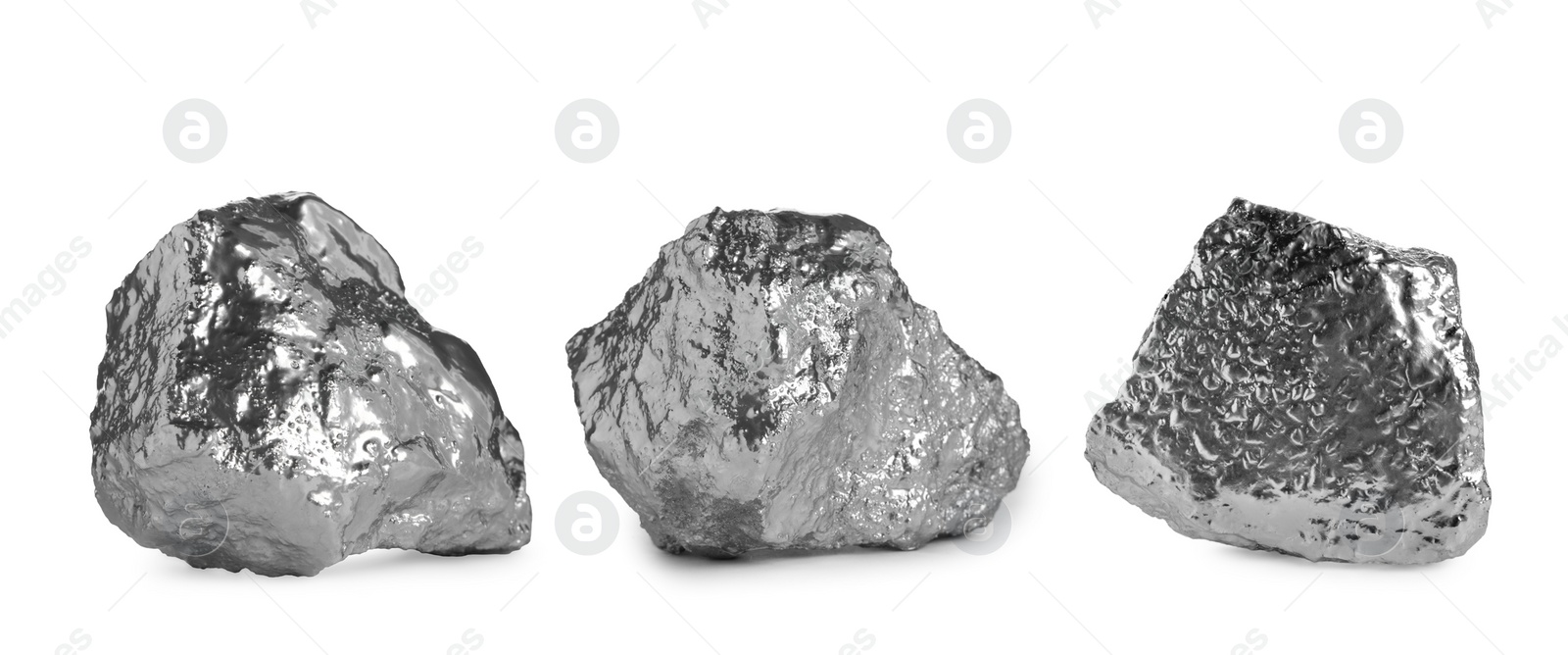 Image of Set of silver nuggets on white background