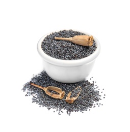 Photo of Bowl with poppy seeds on white background