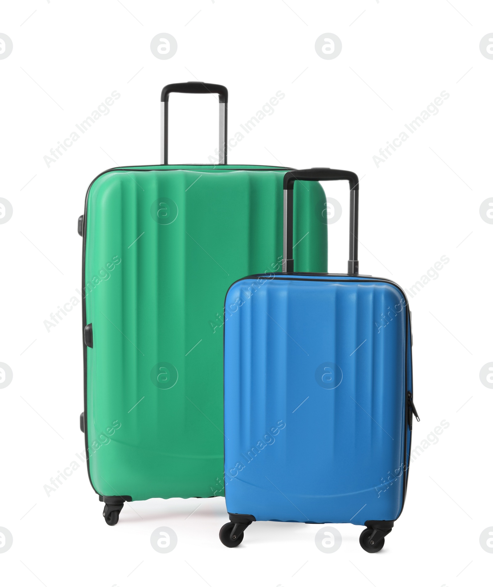 Image of Stylish suitcases for travelling on white background