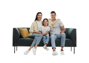 Happy family resting on comfortable green sofa against white background