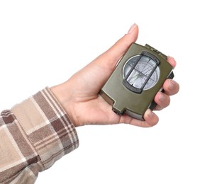 Photo of Woman holding compass on white background, closeup