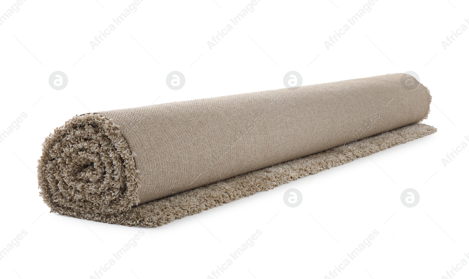 Photo of Rolled fuzzy carpet on white background. Interior element