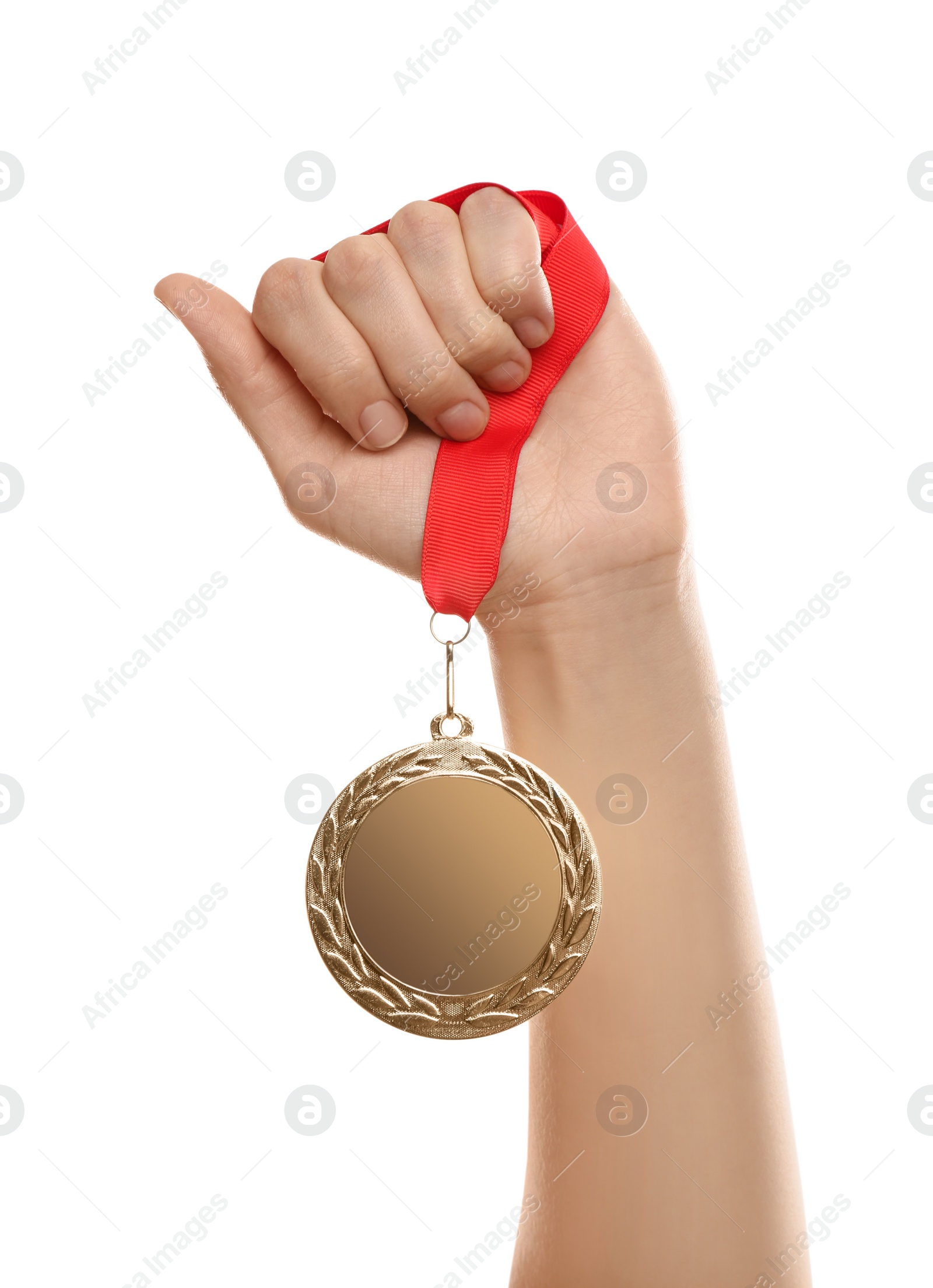 Photo of Woman holding golden medal on white background, closeup. Space for design