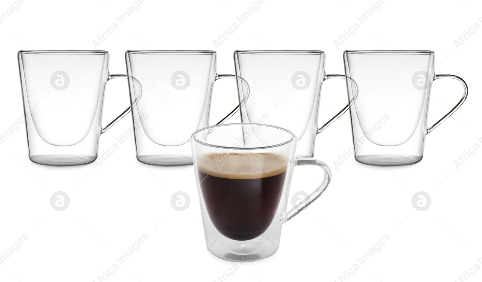 Image of Empty glass cups and one with aromatic coffee on white background. Banner design