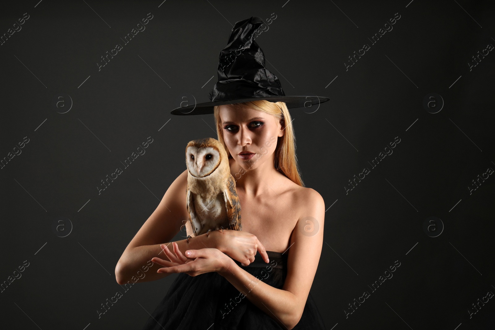 Photo of Witch in black hat with owl on dark background. Scary fantasy character