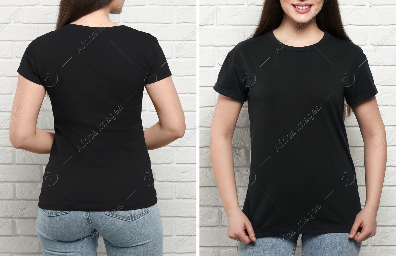 Image of Woman wearing black t-shirt near white brick wall, back and front view. Mockup for design