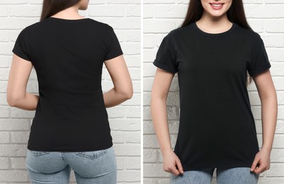 Woman wearing black t-shirt near white brick wall, back and front view. Mockup for design