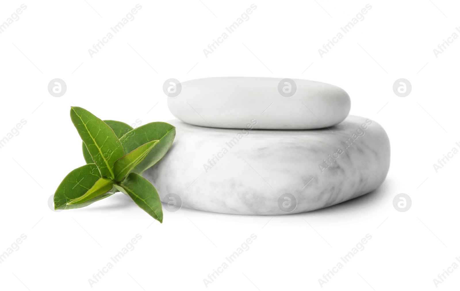 Photo of Stack of spa stones and green branch on white background