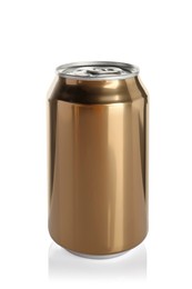 Photo of Golden aluminum can with drink isolated on white