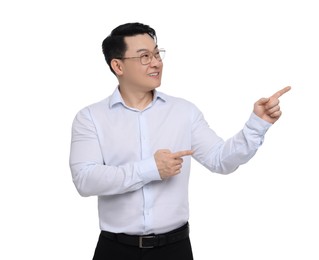 Businessman in formal clothes posing on white background