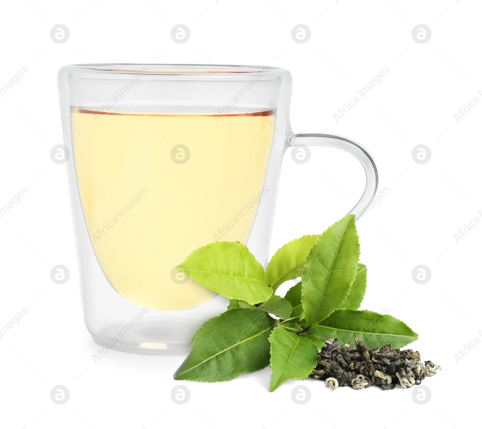 Image of Green tea in glass cup, fresh and dried leaves isolated on white