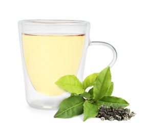 Image of Green tea in glass cup, fresh and dried leaves isolated on white