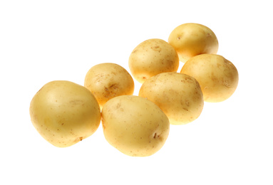 Photo of Fresh raw organic potatoes on white background