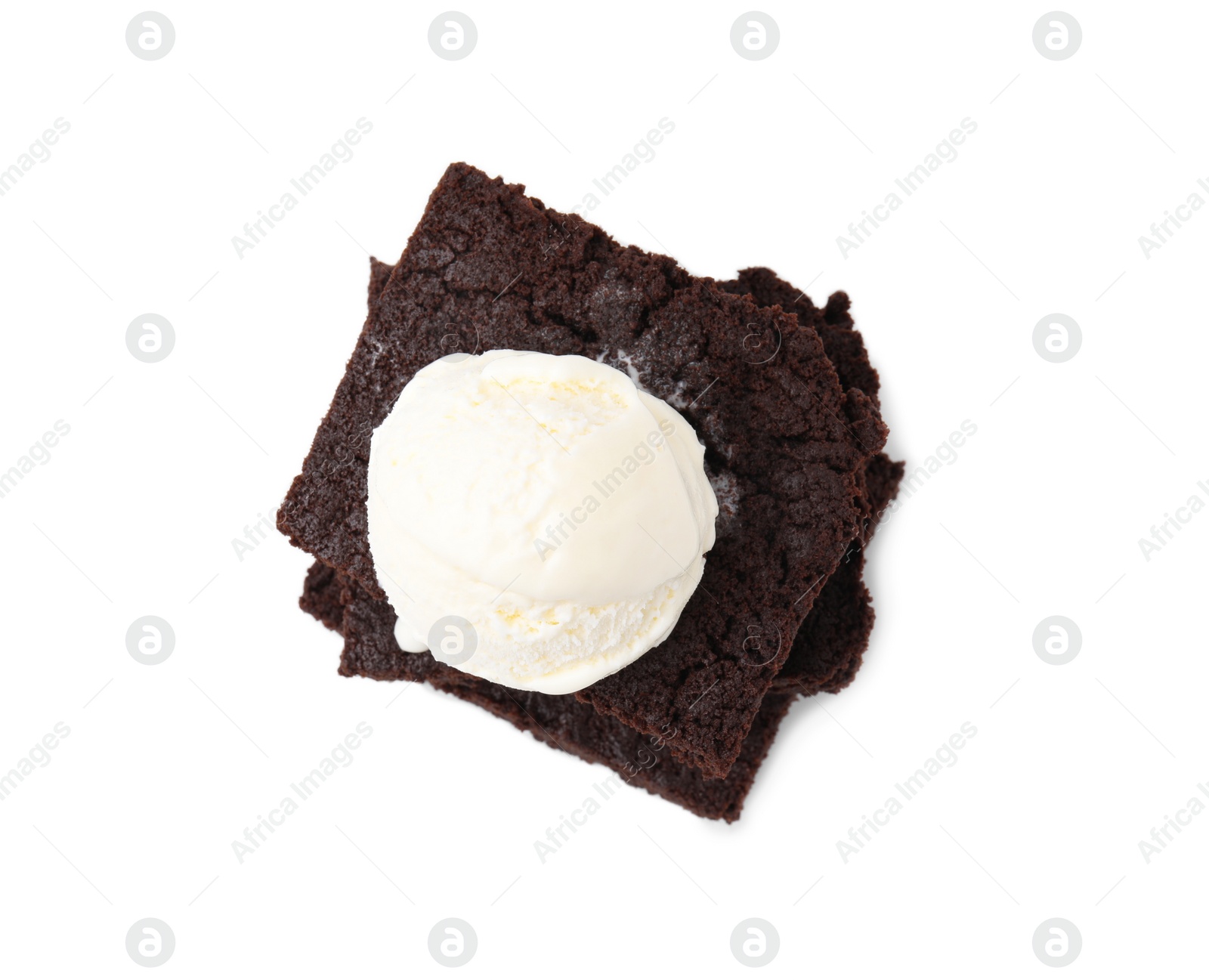 Photo of Tasty brownies with ice cream isolated on white, top view