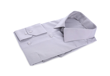 Photo of Stylish shirt isolated on white. Dry-cleaning service