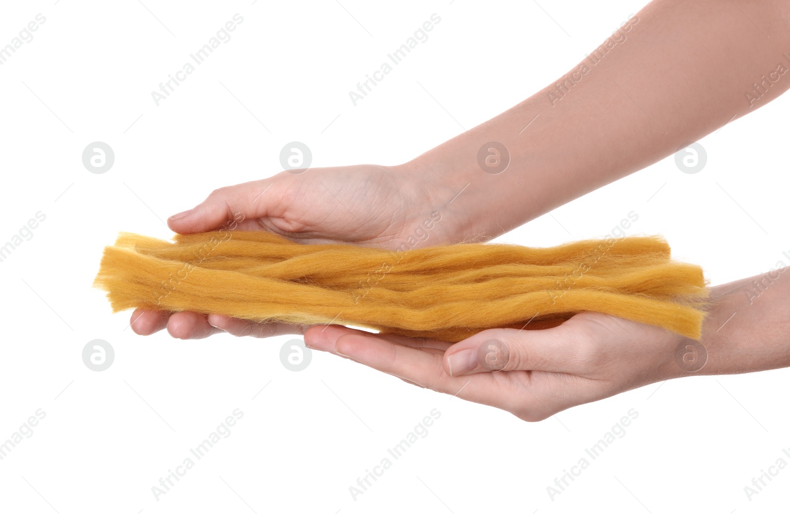 Photo of Woman holding orange felting wool on white background, closeup