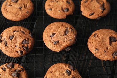 Cooling rack with chocolate chip cookies on wooden background