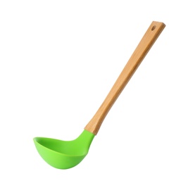 Photo of Soup ladle with wooden handle on white background