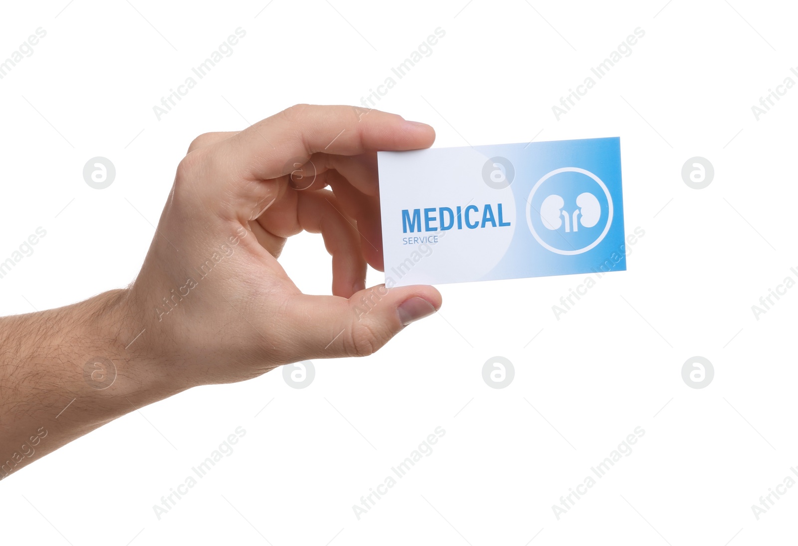 Photo of Man holding medical business card isolated on white, closeup. Nephrology service