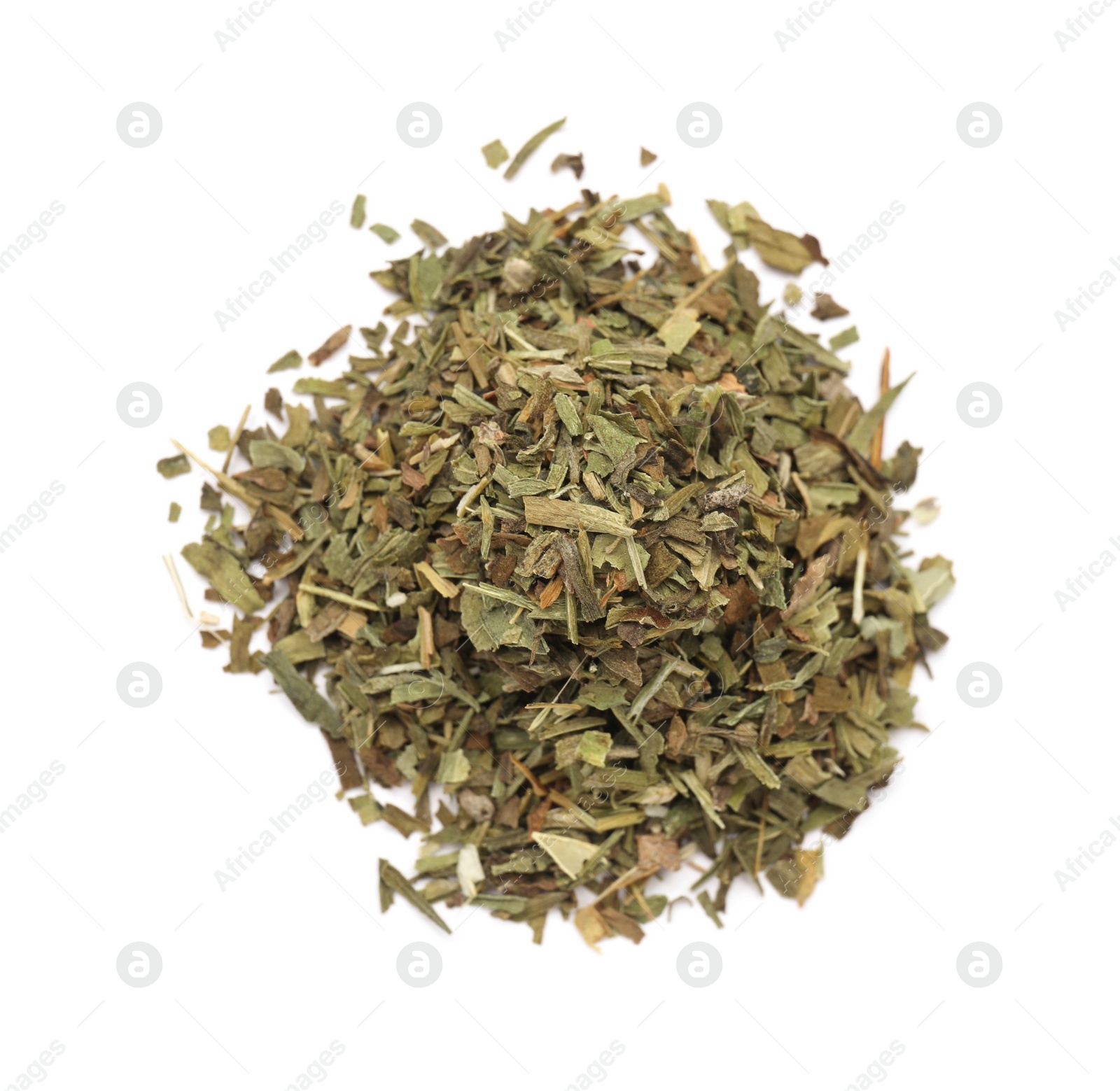 Photo of Pile of dry tarragon isolated on white, top view