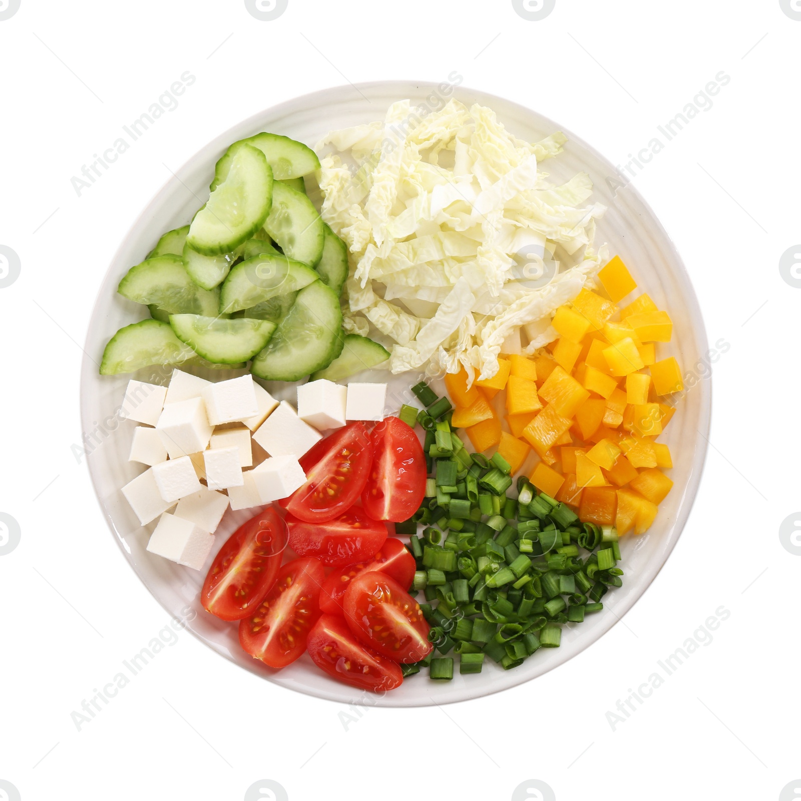 Photo of Chinese cabbage and other ingredients for salad isolated on white, top view