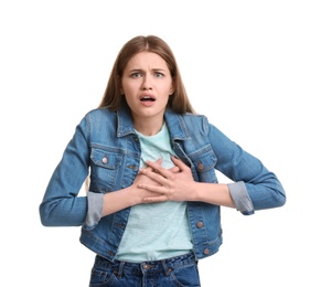 Young woman having heart attack on white background
