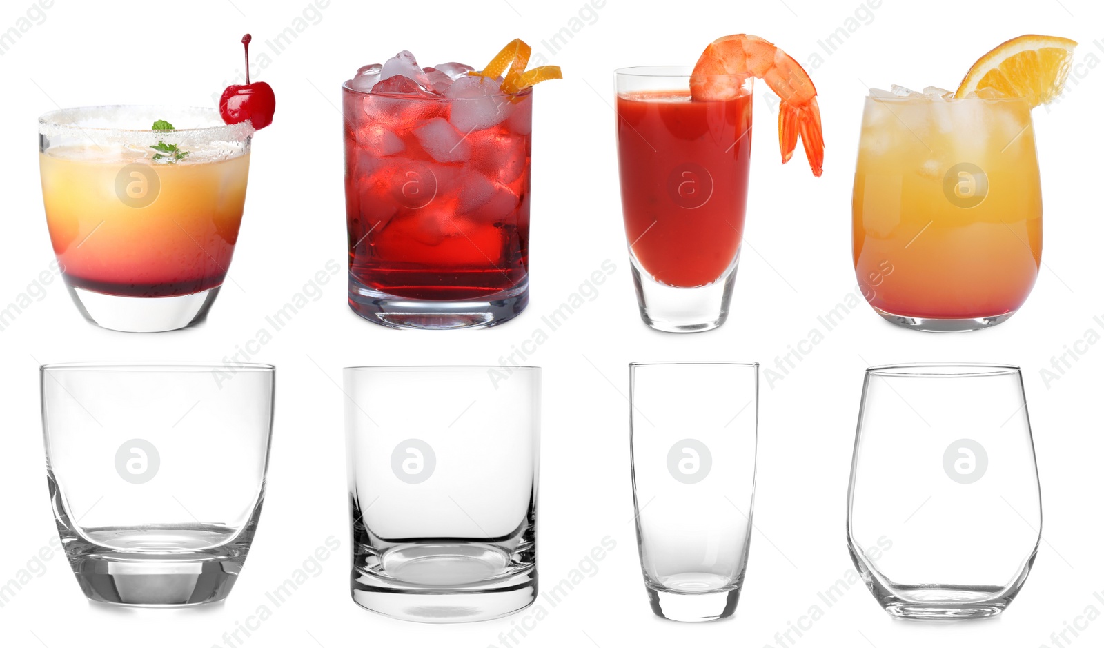 Image of Collage with full and empty glasses on white background