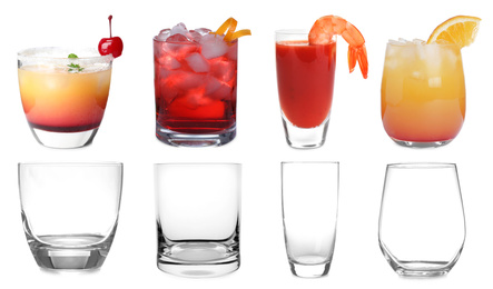 Image of Collage with full and empty glasses on white background