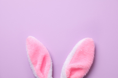 Photo of Easter bunny ears on violet background, top view. Space for text